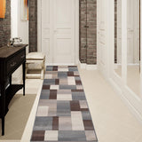 Rectangular Boxes Pattern Ivory Blue Tan Area Rug