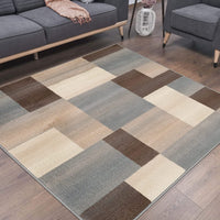 Rectangular Boxes Pattern Ivory Blue Tan Area Rug