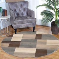 Rectangular Boxes Pattern Ivory Blue Tan Area Rug