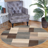 Rectangular Boxes Pattern Ivory Blue Tan Area Rug