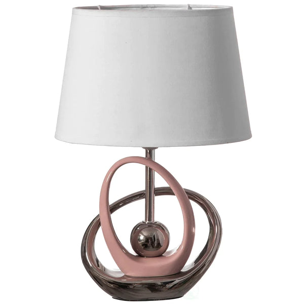 16" Decorative Ceramic Table Lamp, with Reflecting Silver and Pink Circular Stand and White Cotton Lampshade