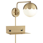 Kelowna Brass and Glass Swing Arm Plug-In Wall Lamp with USB-Outlet Shelf