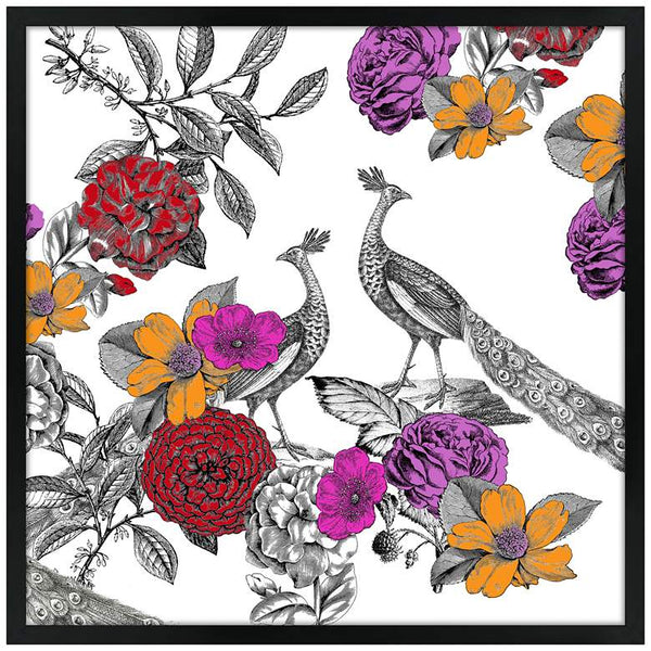 Peacocks in the Garden 26" Square Black Giclee Wall Art