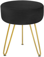 Velvet Footrest Stool Ottoman Round Modern Upholstered Vanity Footstool Side Table Seat Dressing Chair with Golden Metal Leg Black