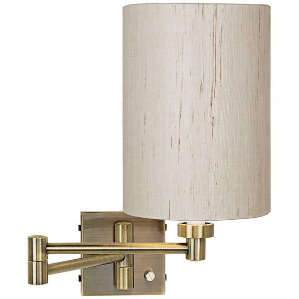 Ivory Linen Shade Antique Brass Plug-In Swing Arm Wall Lamp