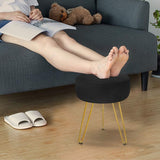 Velvet Footrest Stool Ottoman Round Modern Upholstered Vanity Footstool Side Table Seat Dressing Chair with Golden Metal Leg Black