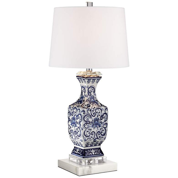 Iris Blue and White Traditional Table Lamp with Square White Marble Riser