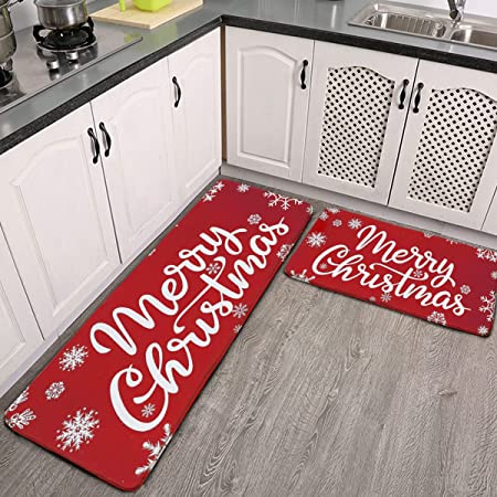 2 Piece Christmas Set Cushioned Anti Fatigue Rustic red Snowflake Christian  Cross Angel Kitchen Rug Non Slip Comfort Mats PVC Standing Mat Indoor
