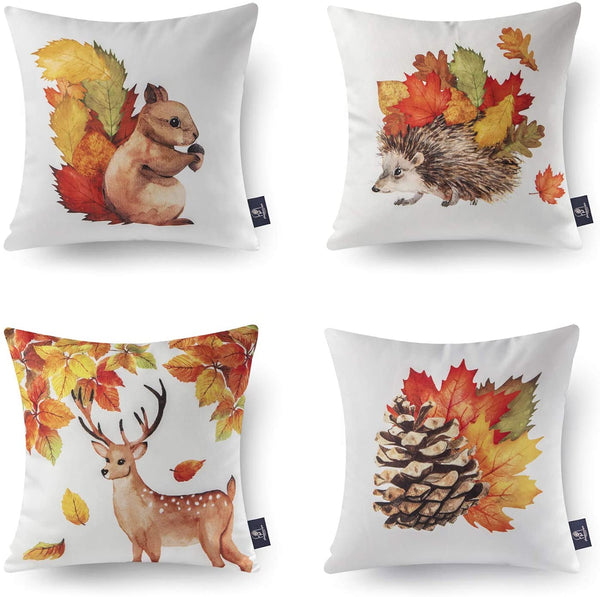 Fall Throw Pillow Cover Autumn Harvest Animals and Maple Leaves - Set of 4