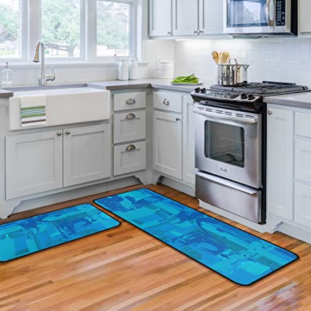 Linen Geometric Blue Kitchen Rug Mountain Kitchen Mats for Floor 2 Piece, Anti Fatigue Floor Mat for Kitchen, Kitchen Floor Mats for in Front of Sink and Kitchen