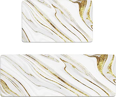 Kitchen Rugs and Mats Set of 2 Teal Marble Gold anti Fatigue Mat