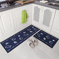 Carvapet 2 Pieces Non-Slip Kitchen Mat Rubber Backing Doormat Runner Rug Set, Cozinha Desig Navy Blue,15"x47"+15"x23"