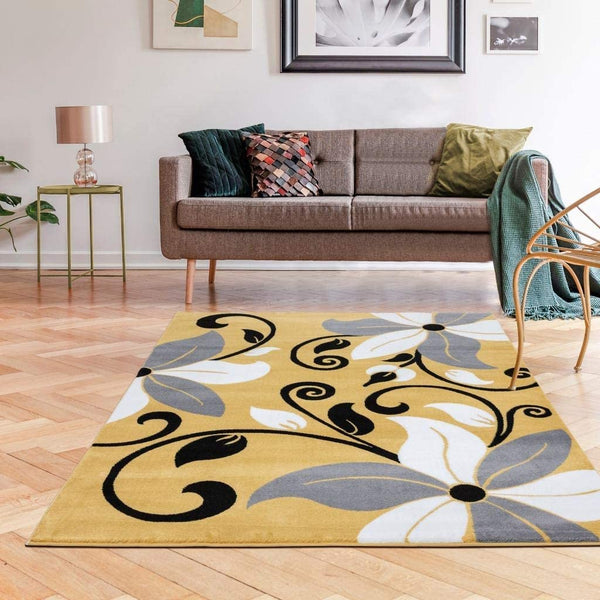 Victoria Collection Modern Mustard Yellow Floral Area Rug