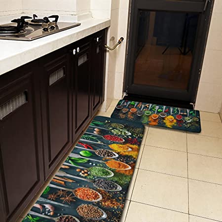ERAMONG Kitchen Rugs, Cushioned Anti-Fatigue Kitchen Mats For Floor 2  Pieces, 17x48+17x28, Black