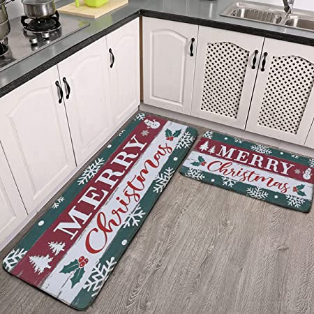 2 Piece Christmas Set Cushioned Anti Fatigue Rustic red Snowflake Christian  Cross Angel Kitchen Rug Non Slip Comfort Mats PVC Standing Mat Indoor
