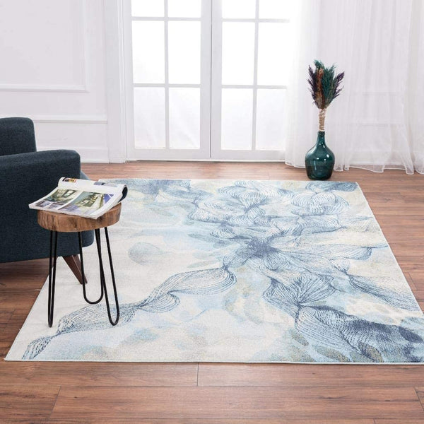 Aquabury Modern Floral Ivory Blue Area Rug