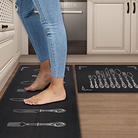 2 PCS Kitchen Rugs and Mats Non Skid Washable Black Kitchen Mat Soft Super  Absorbent Anti Fatigue Kitchen Mat Runner Set Doormat Bathroom