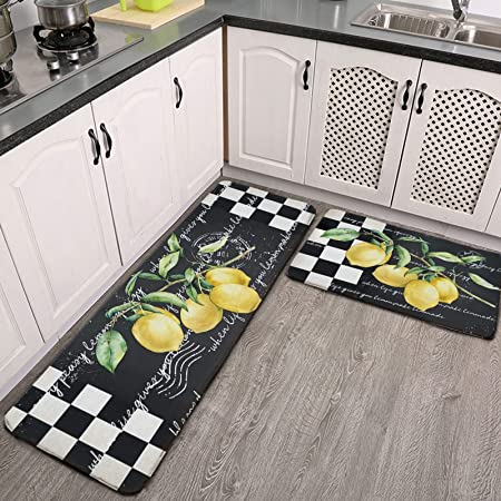 rocxemly Lemon Kitchen Mat Set of 2 Black and White Plaid Kitchen