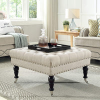 Tufted Button Linen Ottoman Coffee Table, Large Footrest with Caters Rolling Wheels