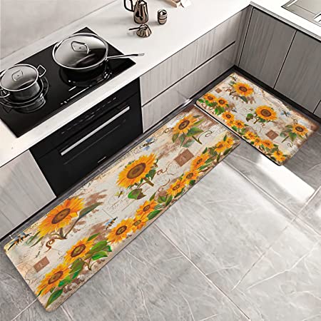  Sunflowers and Bee Anti Fatigue Kitchen Rug Set 2 Pieces  Cushioned Kitchen Floor Mats Comfort Soft Standing Doormat, Non Slip Rugs  and Runner Farm Wood Plank : Home & Kitchen