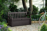 Solana 70 Gallon Storage Bench Deck Box for Patio Furniture, Front Porch Decor and Outdoor Seating – Perfect to Store Garden Tools and Pool Toys, Brown