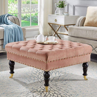 Tufted Button Linen Ottoman Coffee Table, Large Footrest with Caters Rolling Wheels