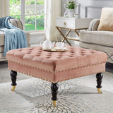 Tufted Button Linen Ottoman Coffee Table, Large Footrest with Caters Rolling Wheels