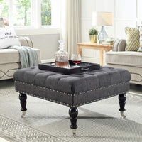 Tufted Button Linen Ottoman Coffee Table, Large Footrest with Caters Rolling Wheels