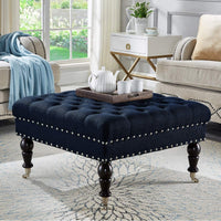 Tufted Button Linen Ottoman Coffee Table, Large Footrest with Caters Rolling Wheels
