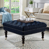 Tufted Button Linen Ottoman Coffee Table, Large Footrest with Caters Rolling Wheels