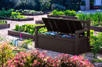 Solana 70 Gallon Storage Bench Deck Box for Patio Furniture, Front Porch Decor and Outdoor Seating – Perfect to Store Garden Tools and Pool Toys, Brown