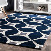 Geometric Handmade Navy Ivory Grey Area Rug