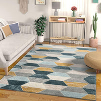 Honeycomb Hexagon Geometric Blue, Mustard Gold, Grey Area Rug