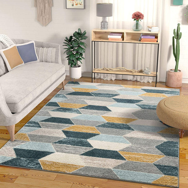 Honeycomb Hexagon Geometric Blue, Mustard Gold, Grey Area Rug