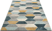 Honeycomb Hexagon Geometric Blue, Mustard Gold, Grey Area Rug