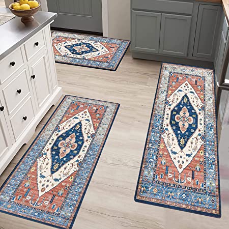 Ileading Boho Kitchen Rugs Sets 3 Piece with Runner Non Slip Kitchen Mats  for Floor Washable Bohemian Runner Rug Set of 3 Blue&Gray