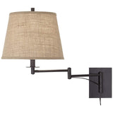 Brinly Brown Burlap Shade Plug-In Swing Arm Wall Lamp with Cord Cover