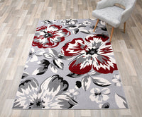 Gray/Grey Red White Floral Area Rugs