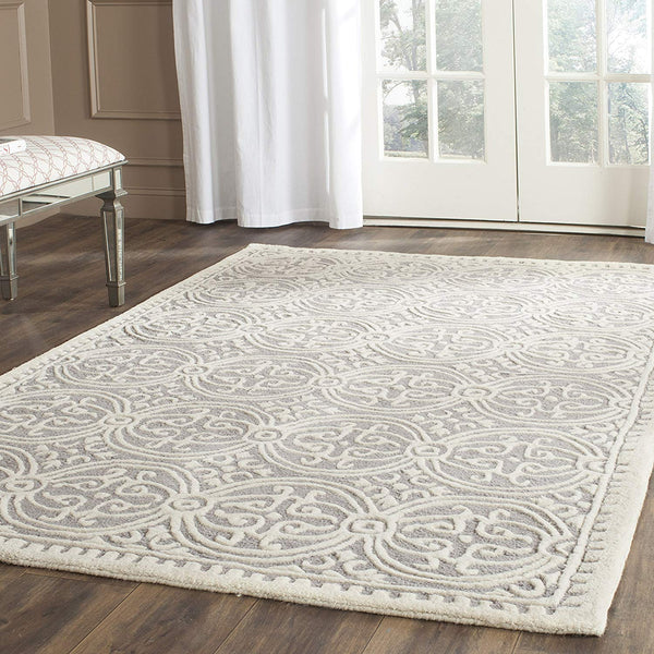 Handcrafted Geometric Silver Ivory Premium Wool Soft Area Rug