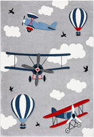 Carousel Kids Collection  Airplane Hot Air Balloon Non-Shedding Area Rug Light Grey/Red