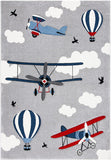 Carousel Kids Collection  Airplane Hot Air Balloon Non-Shedding Area Rug Light Grey/Red