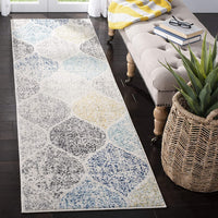 Geometric Trellis Distressed Ivory/blue  Soft Area Rug