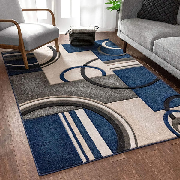 Good Vibes Belle Dark Blue Modern Abstract Geometric 3D Textured Soft Area Rug