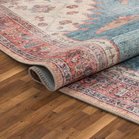 Towne Blue Machine Washable Vintage Style Classic Distresseed Tribal Medallion Area Rug