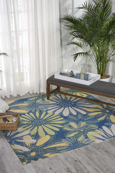 Floral Blue Yellow Indoor/Outdoor Blue Area Rug