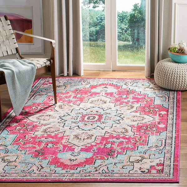 Boho Chic Medallion Distressed Soft Area Rug, Fuchsia / Blue