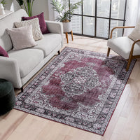 Mareva Machine Washable Burgundy Red Vintage Oriental Medallion Area Rug