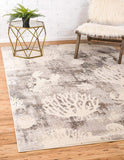 Coastal Modern Coral Lobster Shells Soft Area Rug, Light Gray/Beige