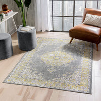 Mareva Machine Washable Yellow Vintage Oriental Medallion Area Rug