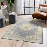 Mareva Machine Washable Yellow Vintage Oriental Medallion Area Rug